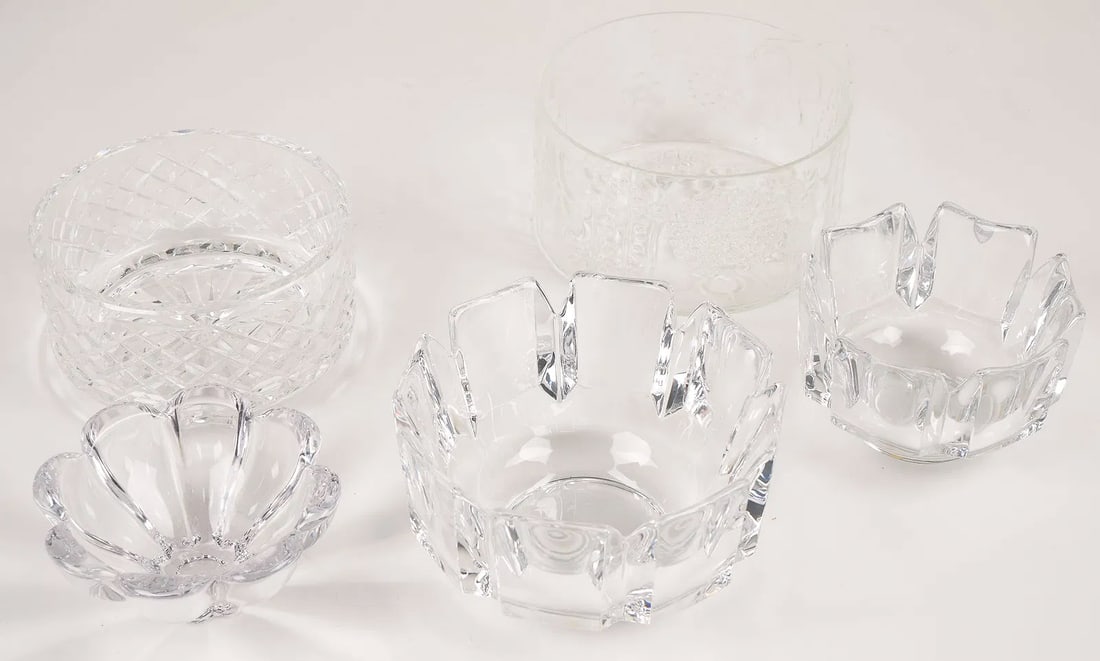 20th Century Crystal Vessels Five (5) crystal bowls, includes: One (1) 7 1/2 x 4" Oiva Toikka for (1 of 2)