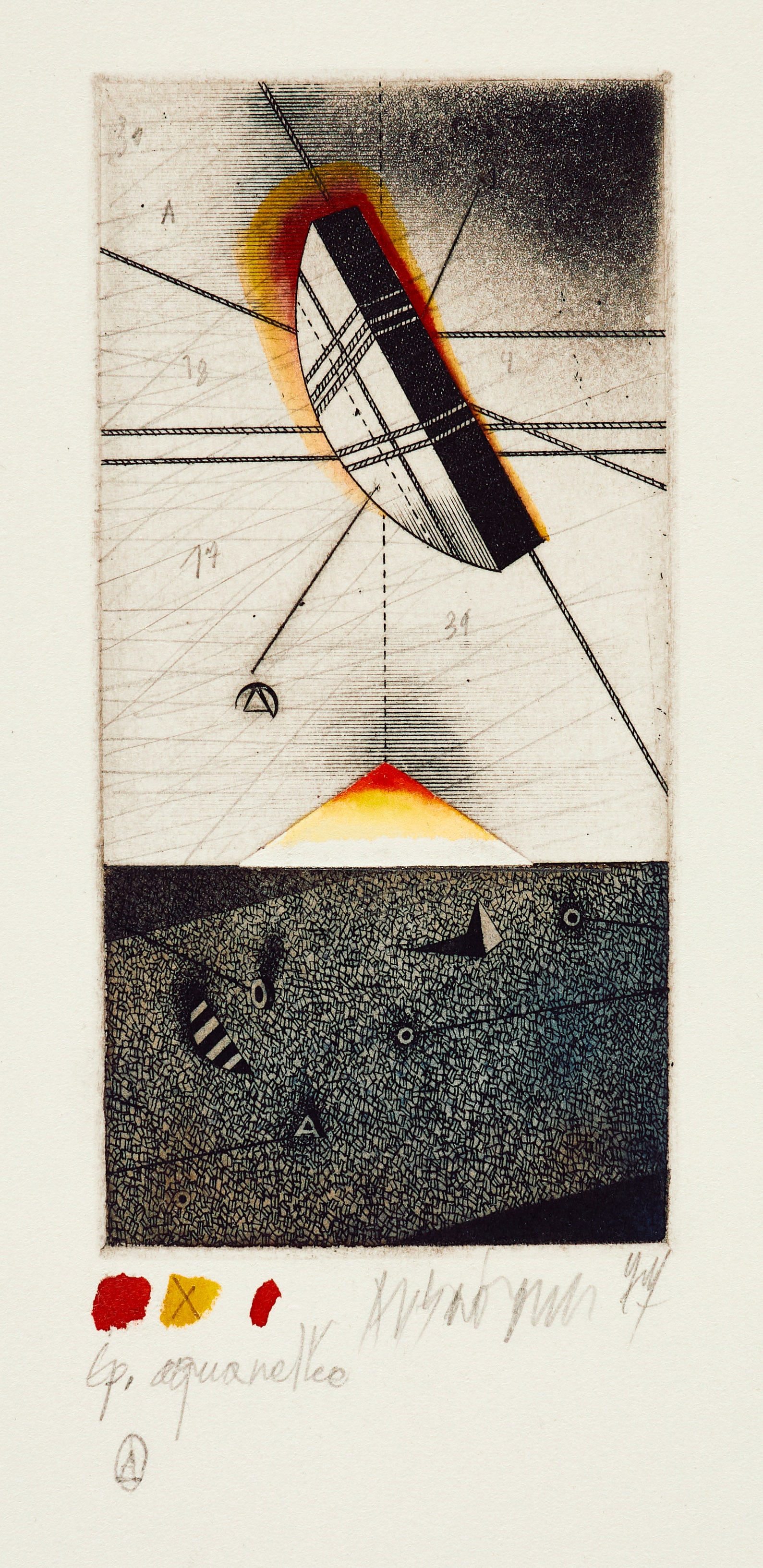 Assadour Bezdikian (Lebanese, b. 1943) Untitled, 1974. Etching with watercolor embellishments. (1 of 2)