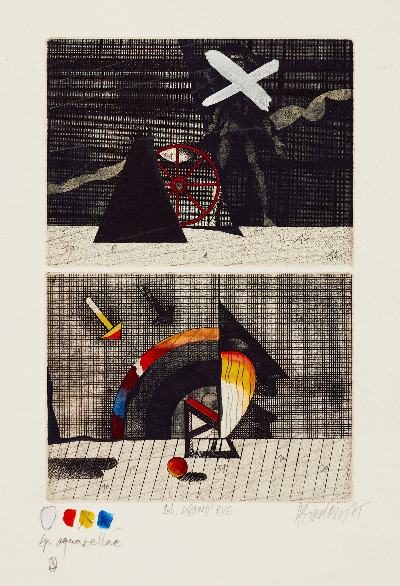 Assadour Bezdikian (Lebanese, b. 1943) "22. GRAND RUE", 1975. Etching with watercolor (1 of 2)