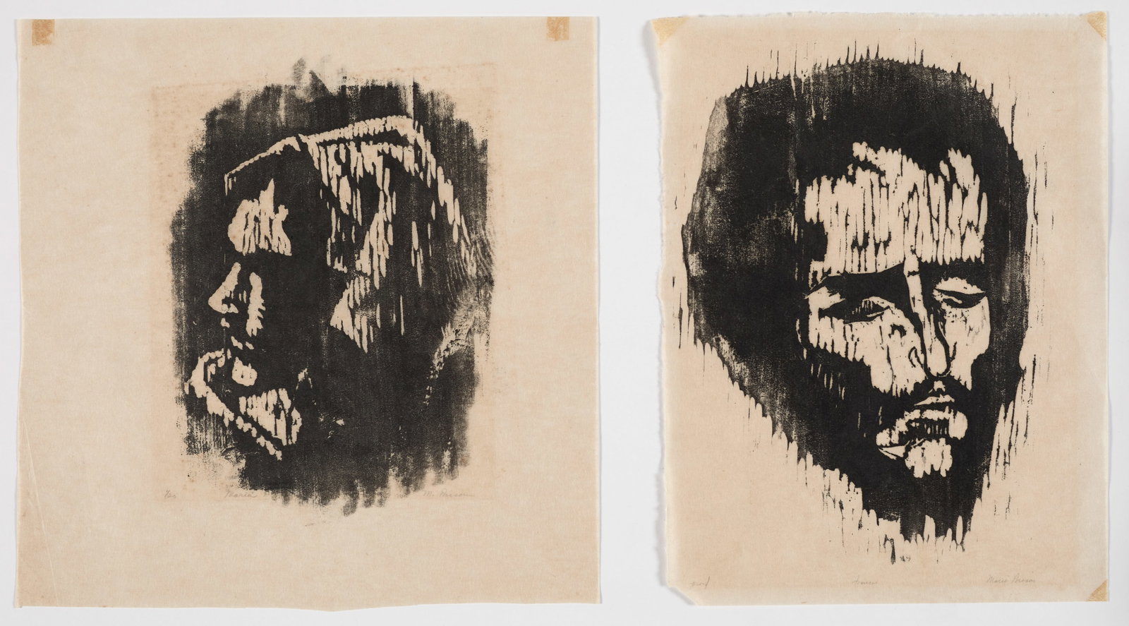 American School (20th Century) Two (2) woodcut portraits. Ink on mulberry paper. Each signed (1 of 2)