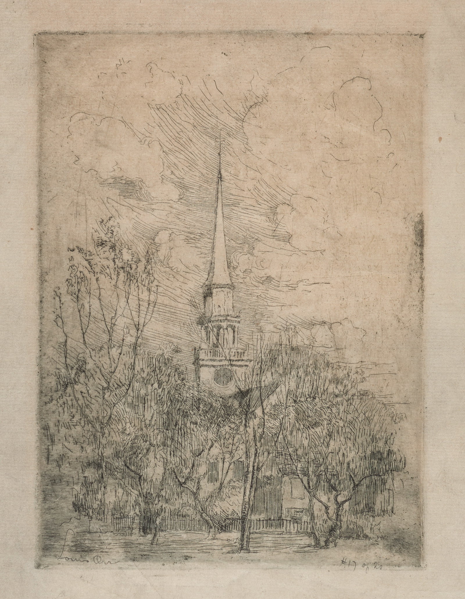 Louis Orr (American, 1879-1961) Untitled. Etching on thin chain link paper. Editioned 17/20. (1 of 3)
