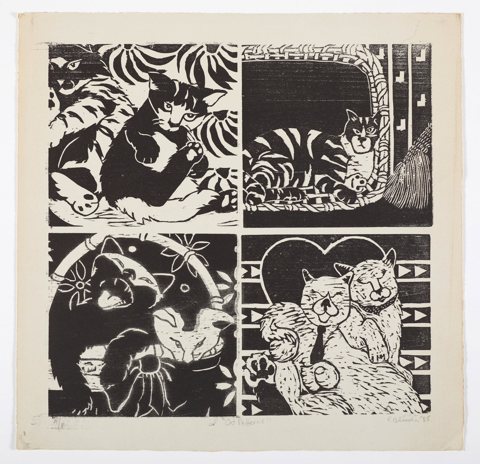 American School (20th Century) "Cat Patterns." Woodcut on paper. Signed illegibly on the lower: American School (20th Century) "Cat Patterns." Woodcut on paper. Signed illegibly on the lower right. Titled on the the lower center. Editioned "AP" (artist's proof) on the lower left. 17 1/4 x 17 1/2