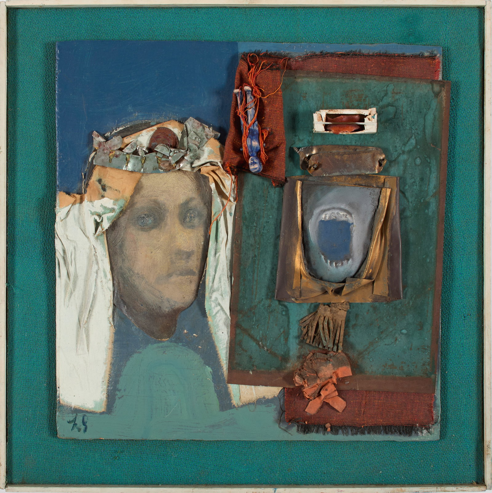 American School (20th Century) "The Verdict." Mixed media assemblage on green burlap. Titled on (1 of 2)