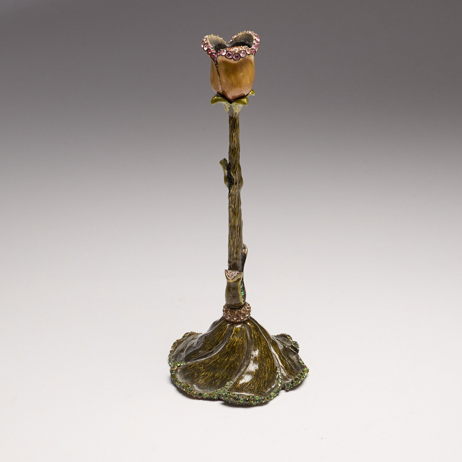 Jay Strongwater (Rhode Island): "Victoria." From the "Flora and Fauna" collection. An embellished enameled tulip candlestick. In original Jay Strongwater box. 9 1/2 x 3 3/4".