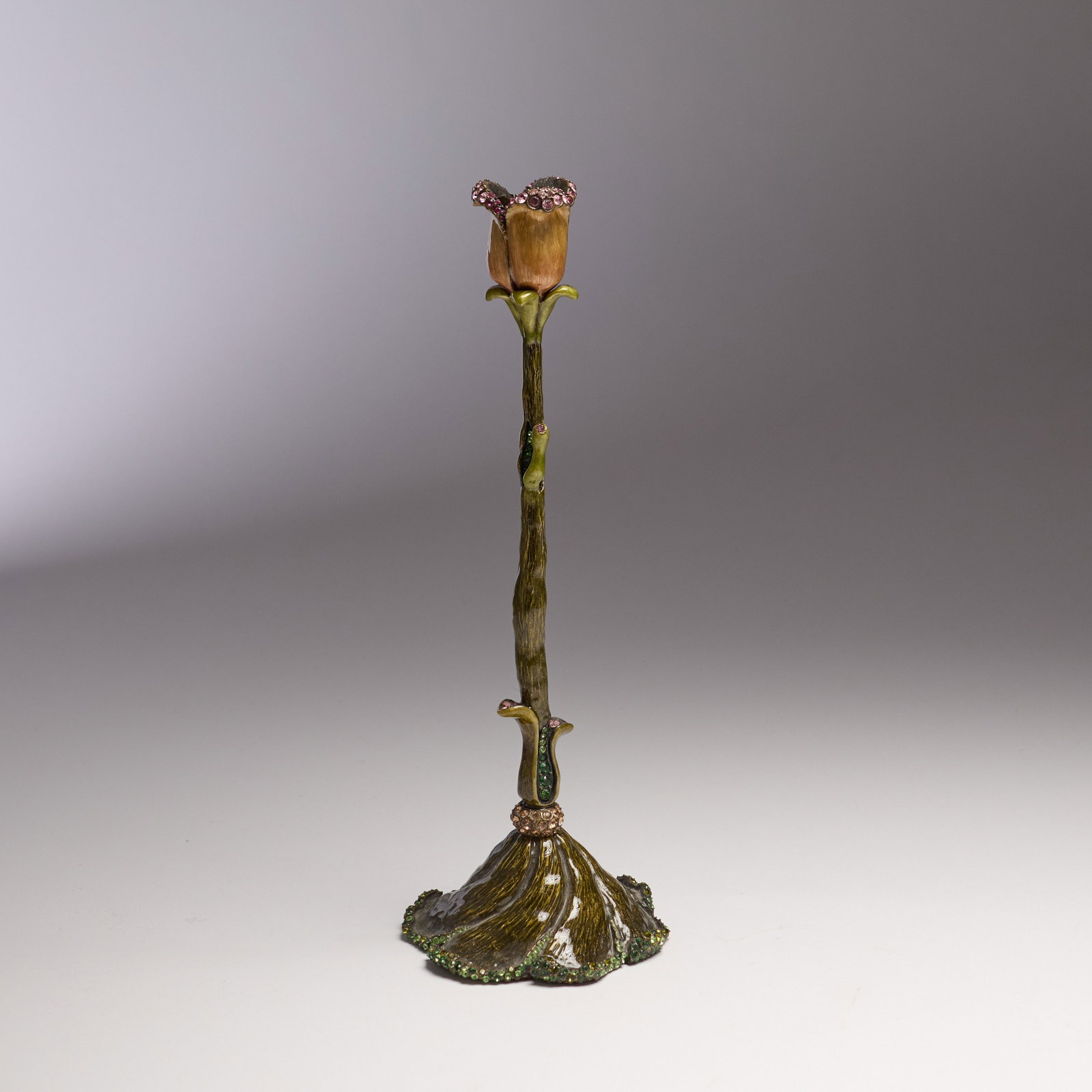 Jay Strongwater (Rhode Island): "Victoria." From the "Flora and Fauna" collection. An embellished enameled tulip candlestick. In original Jay Strongwater box. 11 x 3 3/4".