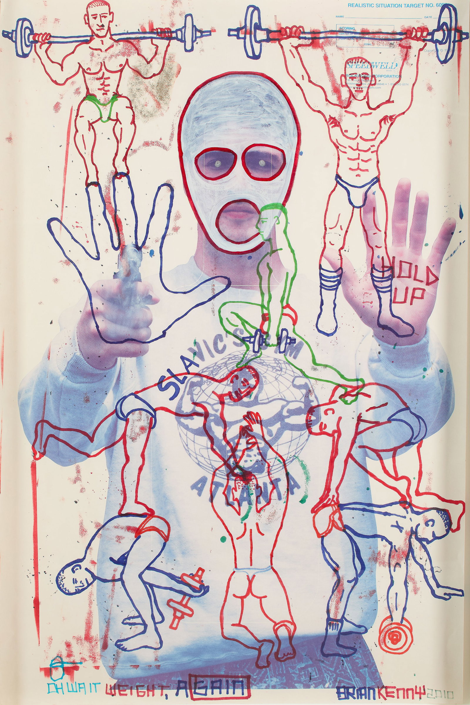 Brian Kenny (German/American, b. 1982): OH WAIT WEIGHT from the Targets series, 2010. Marker, gouache, and acrylic paint on a vintage American shooting target. Framed. Title