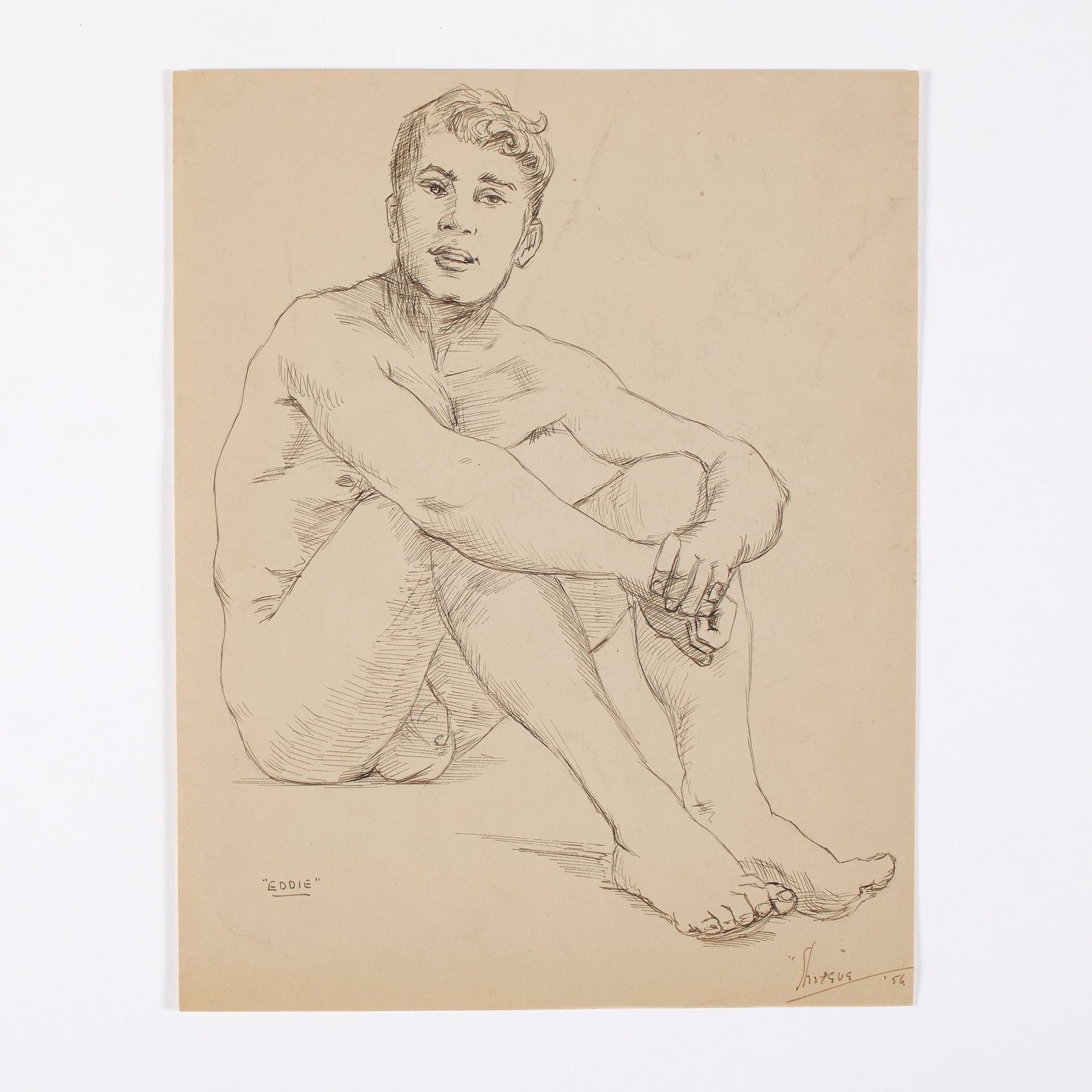 John S. Barrington (British, 1920-1991): Eddie, 1956. Graphite and sepia pen on paper. Titled in ink on the bottom left, "Eddie"; Annotated illegibly in ink on the bottom right, "_____ '56". A male nude drawing