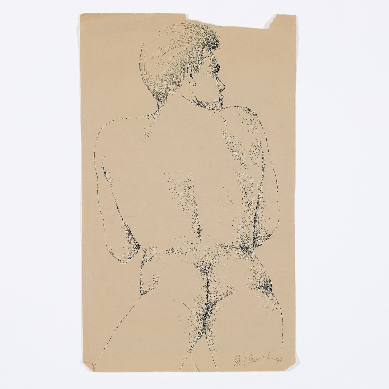 John S. Barrington (British, 1920-1991): Untitled (Male Nude from Behind), 1969. Pen and graphite on paper. Signed and dated on the bottom right, "John S. Barrington, 1969". A male nude drawing by the British artist and