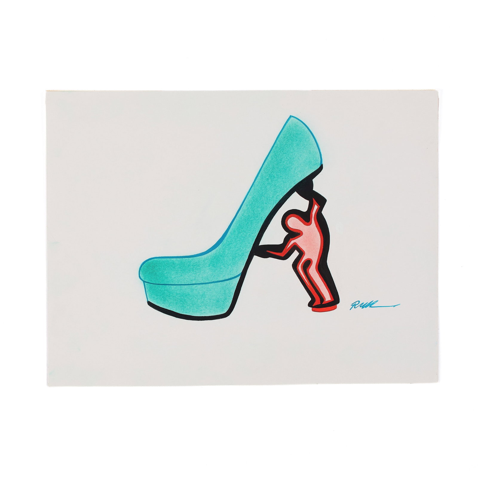 Robert W. Richards (American, 1941-2019): Untitled (Illustration with a Keith Haring and Celia Cruz Heel Motif), ca. 1980s. Gouache and pen on paper. Signed in blue gouache on the lower right, "RWR". Gouache and pen