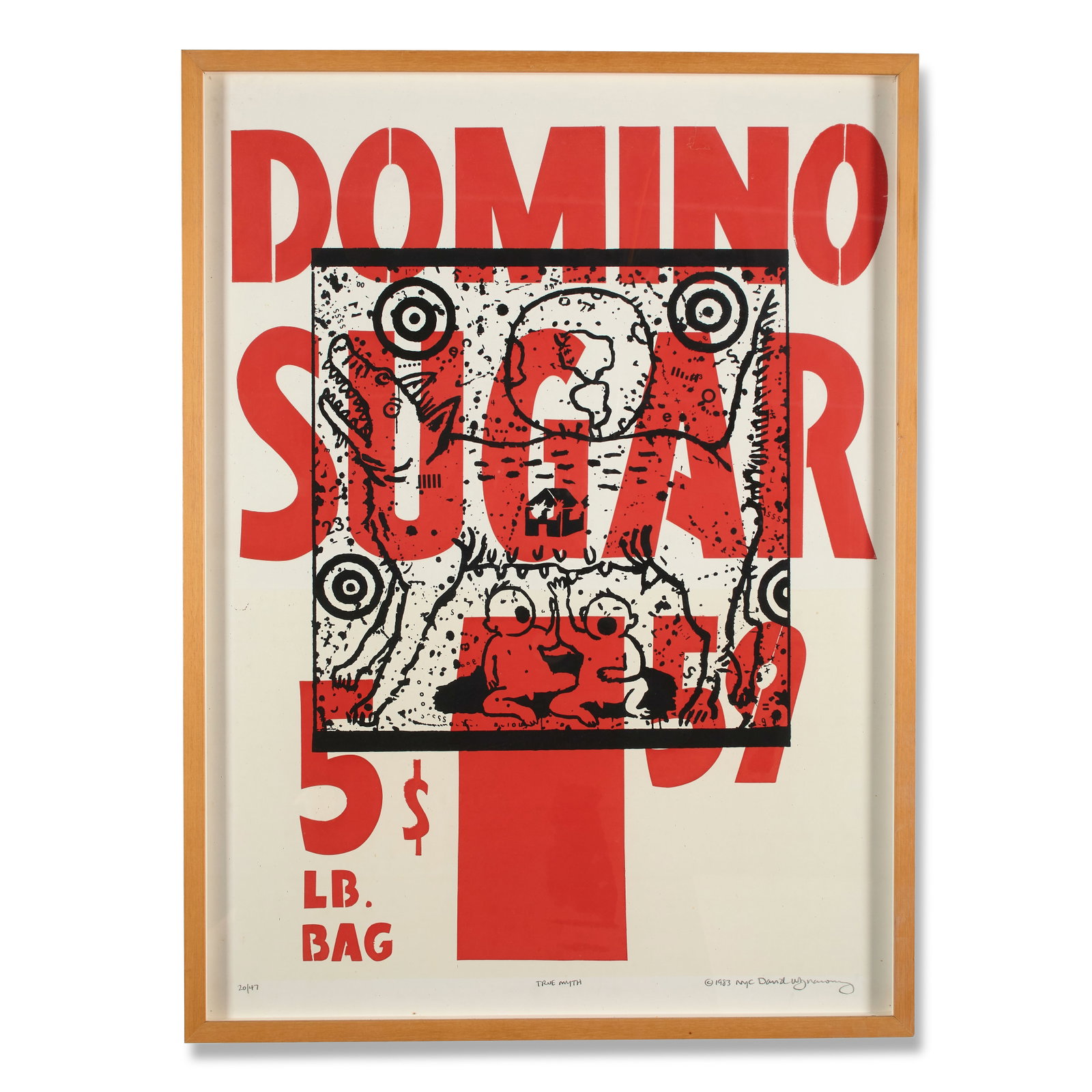 David Wojnarowicz (American, 1954-1992): True Myth (Domino Sugar), 1983. Screenprint. 20/47. Signed, titled, dated, and signed in graphite on the bottom margin, "20/47; True Myth; 1983 NYC David Wojnarowicz". An iconic screenprint