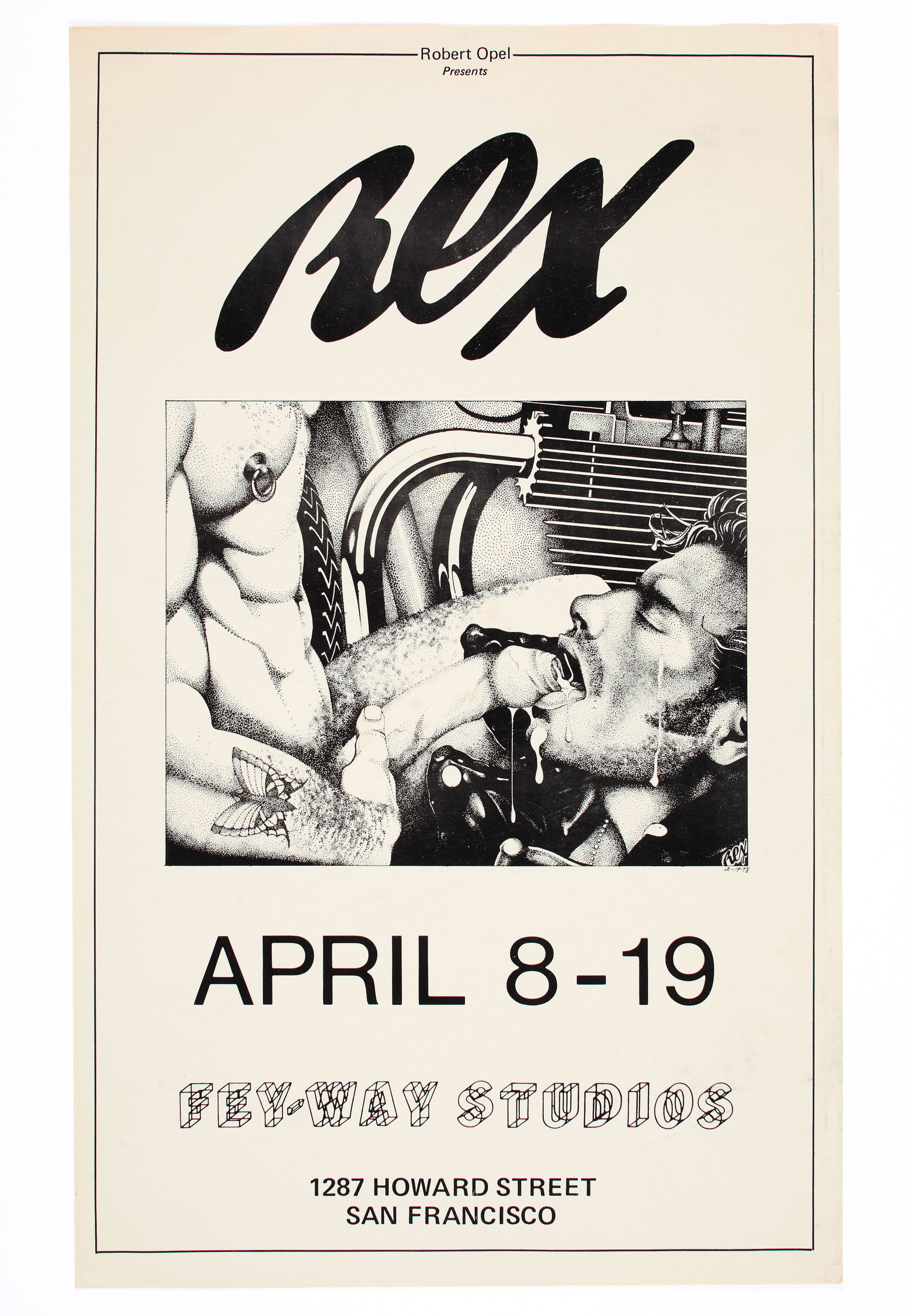 REX (American, 1943-2024): REX at Fey-Way Studios, 1978. Lithographic poster. An original poster for the legendary one-man exhibition of REX at Robert Opel's Fey-Way Studios, April 8-19, 1978. Fey-Way