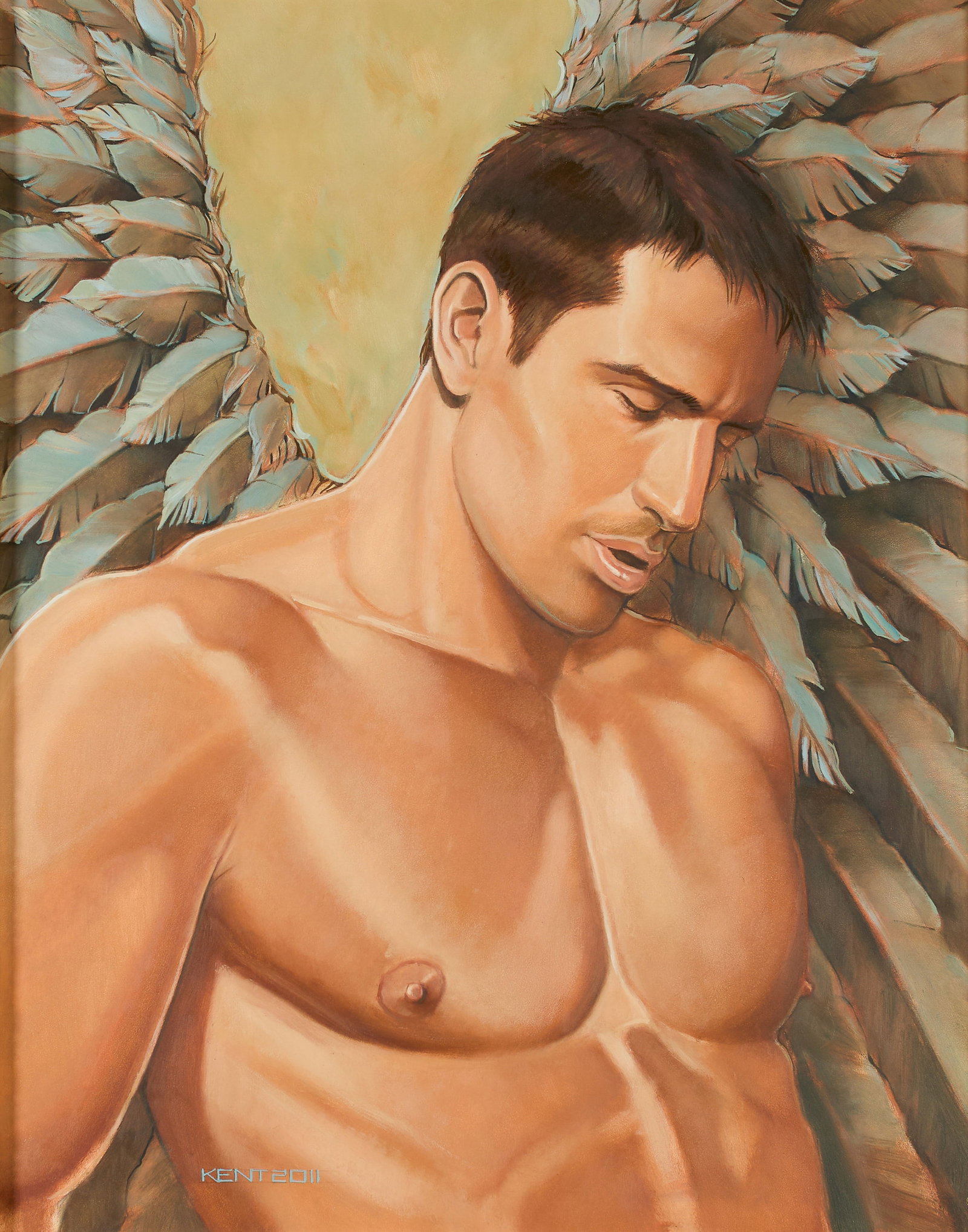 Kent Neffendorf (American, b. 1959): Untitled (Portrait of a Winged Man), 2011. Oil on board. Framed. Signed and dated on the bottom left, "KENT 2011". Sight: 19 1/2 x 15 1/2 in. (49.5 x 39.2 cm.) Frame: 23 1/2 x