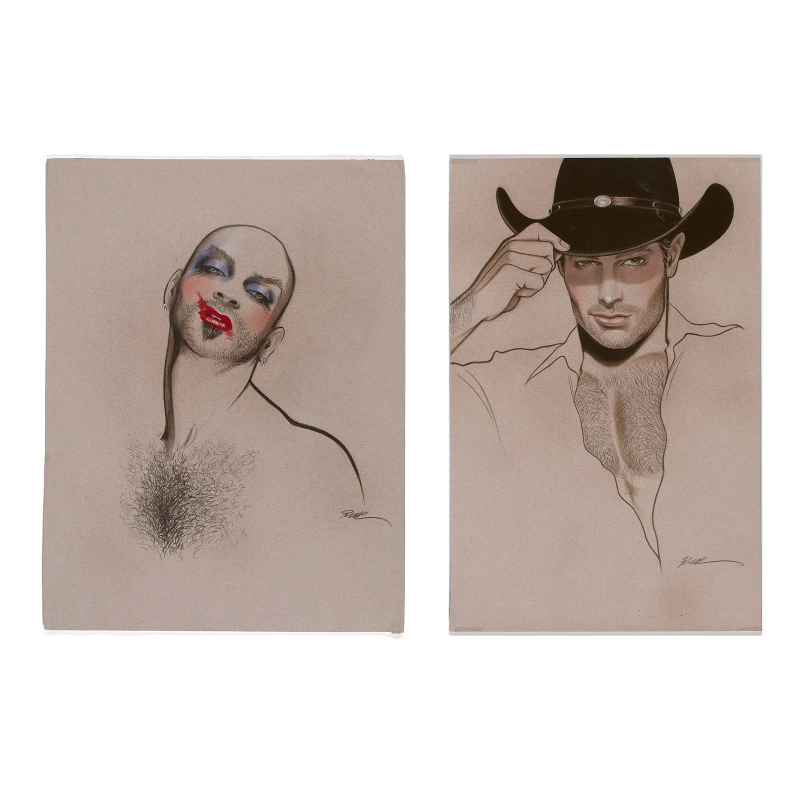 Robert W. Richards (American, 1941-2019): Two (2) Illustrations by Robert W. Richards. Colored pencil and graphite on toned paper. Two (2) portrait illustrations by the New York fashion illustrator and homoerotic artist, Robert W. Richar