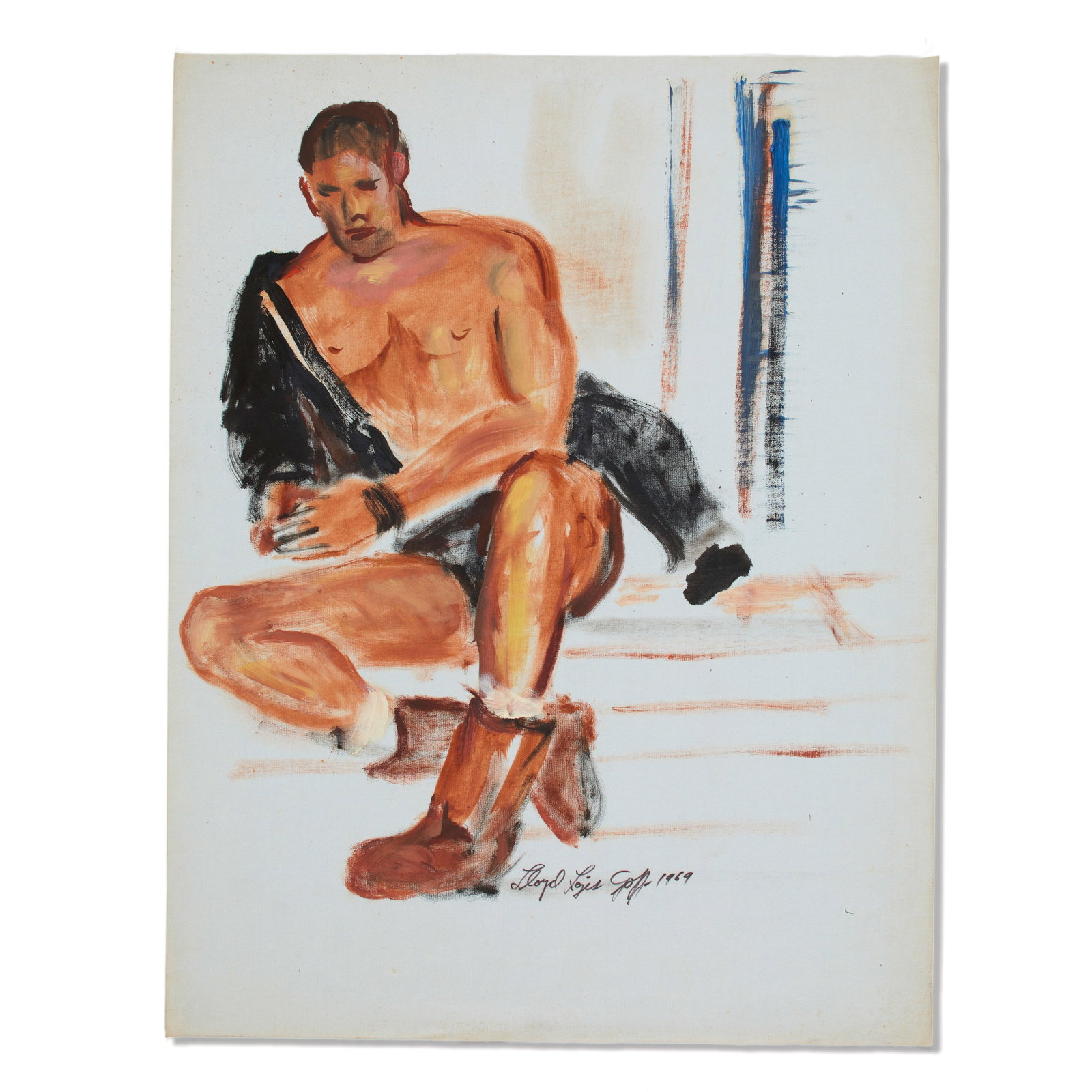Lloyd Lozes Goff (American, 1917-1982): Untitled (Leather Man On the Steps), 1969. Oil on canvas paper. Signed and dated on the bottom center, "Lloyd Lozes Goff 1969". 22 1/2 x 17 1/2 in. (57