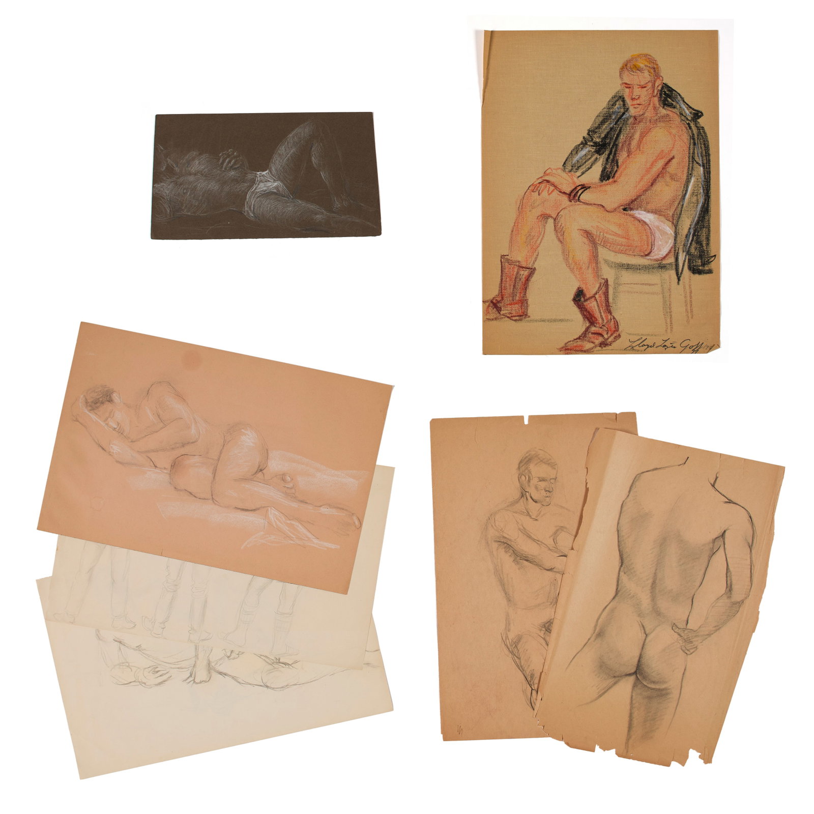 Lloyd Lozes Goff (American, 1917-1982): Collection of seven (7) assorted drawings from a Lloyd Lozes Goff portfolio, late 1960s-early 1970s. Signed and dated on the bottom right of (ii) using artist's pseudonym, "Lloyd Lo