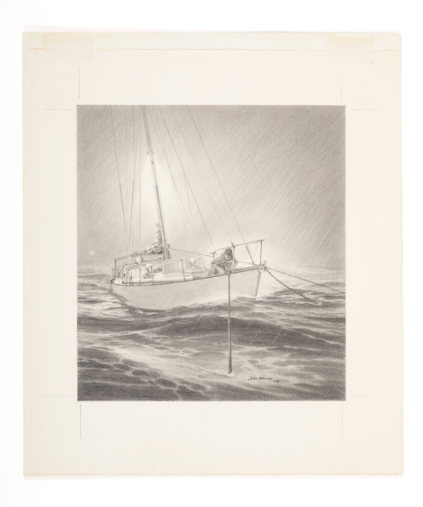 John Mecray (Rhode Island/Pennsylvania, 1937-2017): A John Mecray pencil drawing depicting a man anchoring his vessel in a storm at night. 1989. Graphite on paper. Signed and dated on the lower right. 15 1/2 x 13 1/2". 