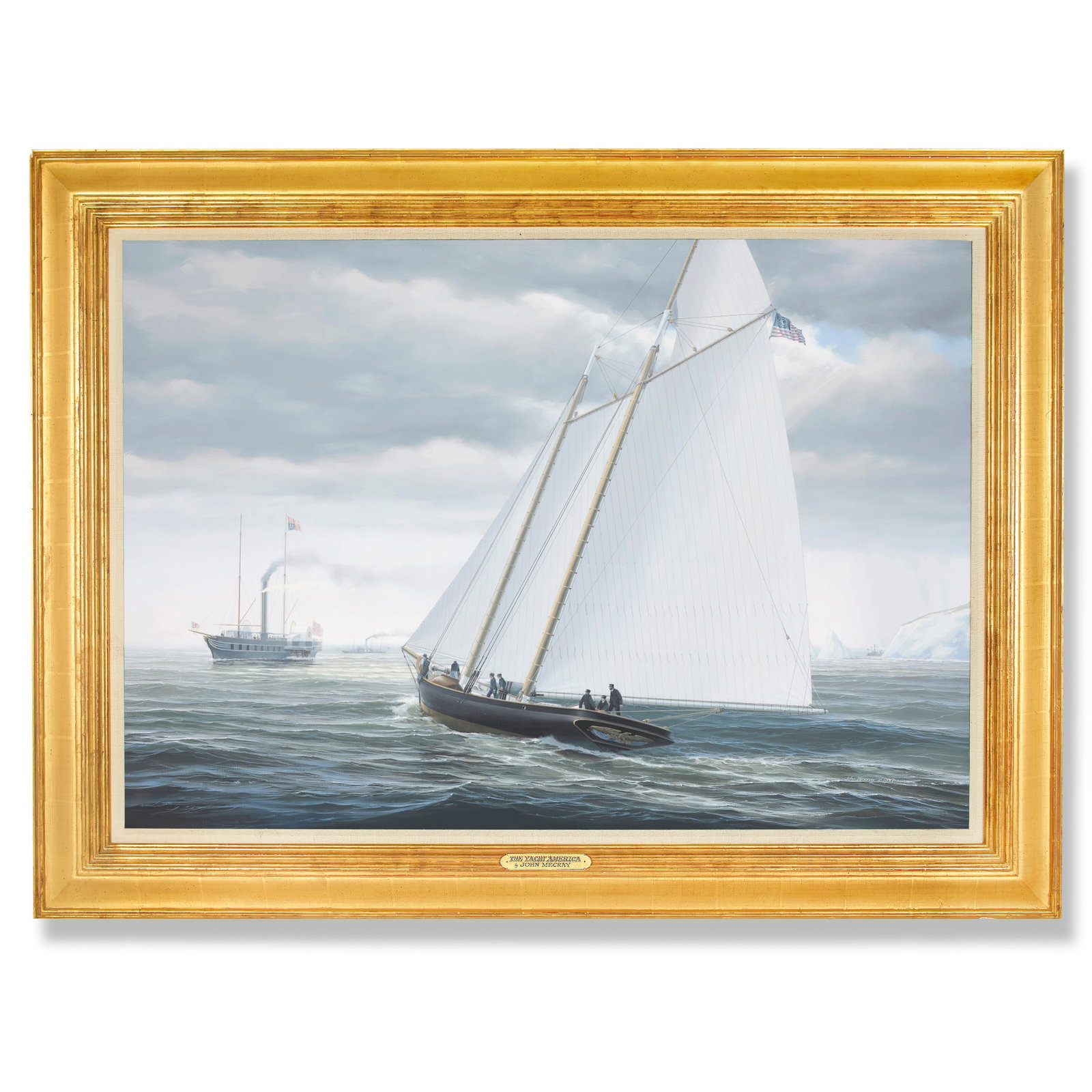 John Mecray (Rhode Island/Pennsylvania, 1937-2017): A depiction of the historical schooner "America" during the 1851 yacht sailing competition, "The America's Cup." 1987. Oil and acrylic on canvas. Signed and dated