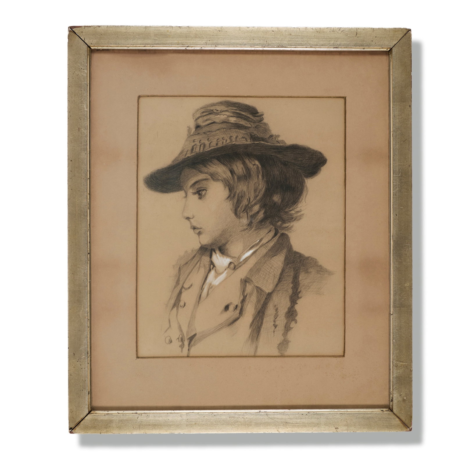 American School (20th Century): A profile portrait drawing of a youth in a hat and coat. 20th Century. Gouache and watercolor on paper. Framed. 13 1/2 x 10 1/2" (sight); 20 3/4 x 17 1/4" (overall). 