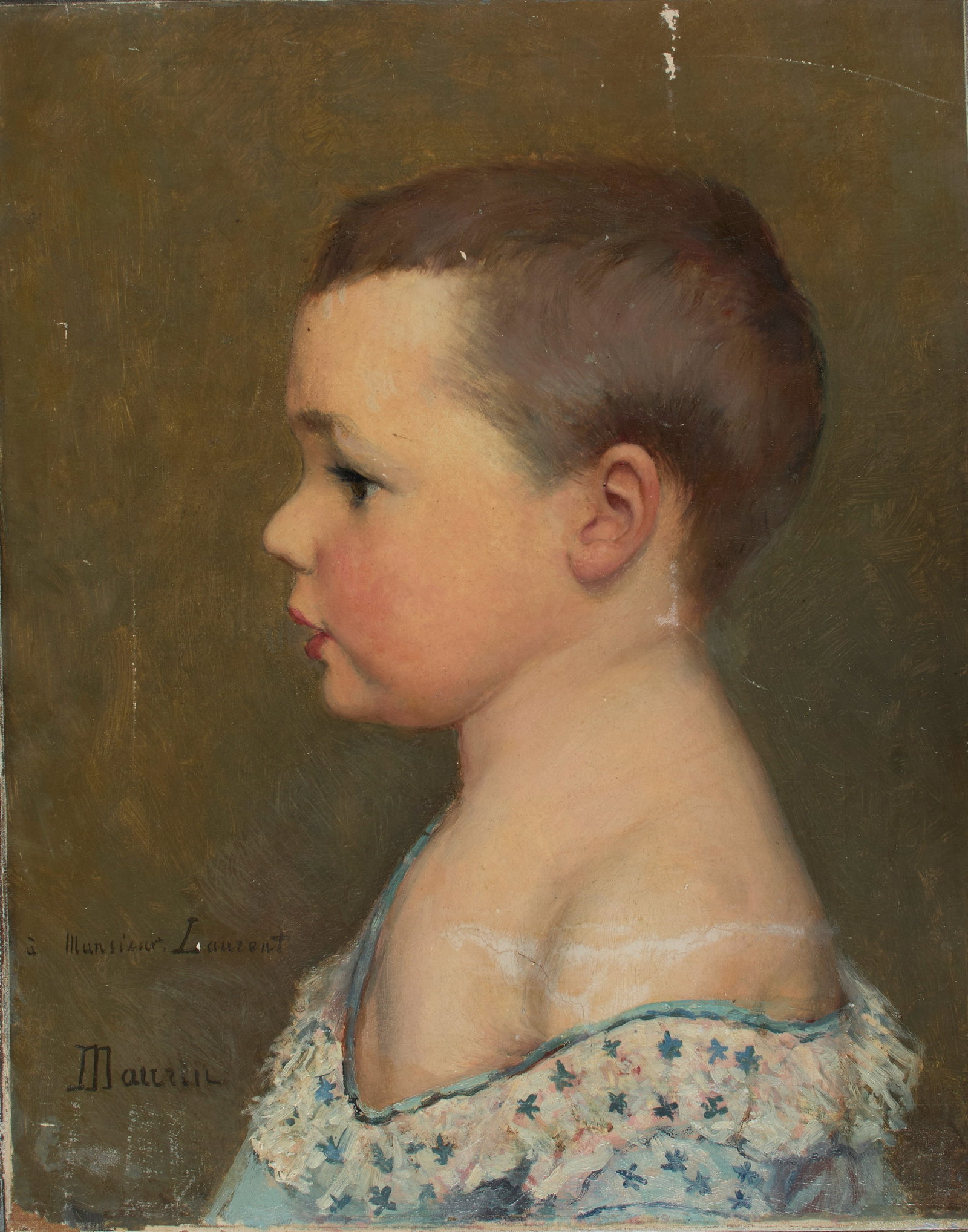 Charles Maurin (France, 1856-1914): Profile portrait of a young Charles Laurent. Oil on canvas. Mounted on aluminum sheet and board. Unframed. 16 x 12 3/4 x 1/2" 