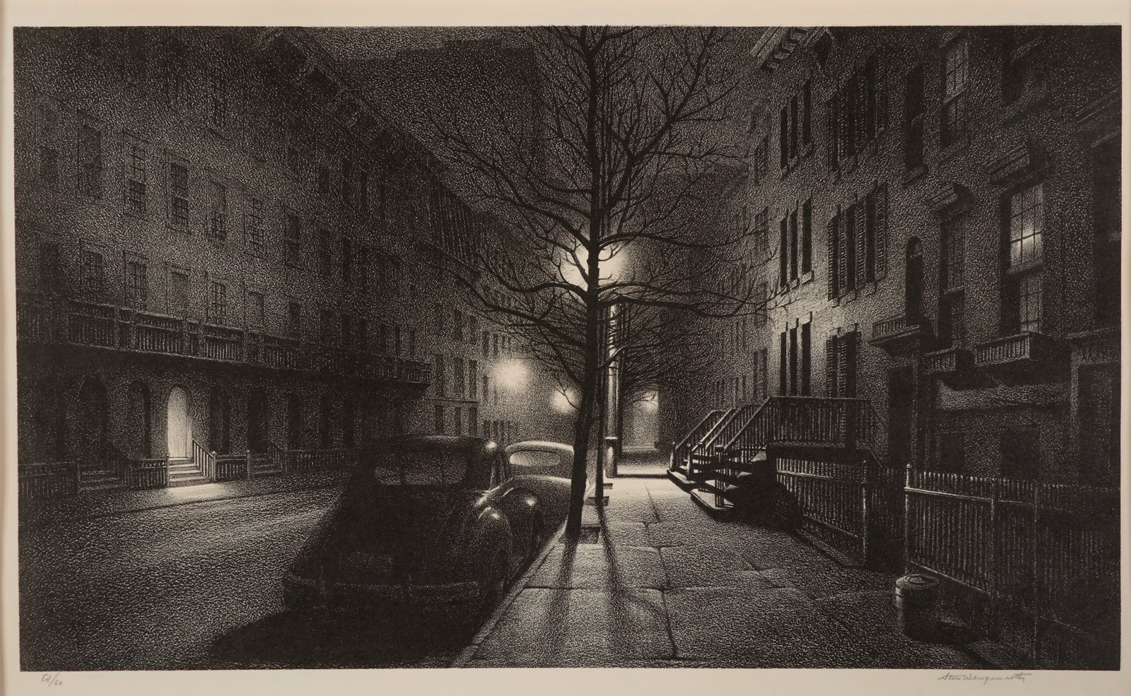 Stow Wengenroth (American, 1906-1978): "Quiet Hour." 1947. Lithograph. From the edition of 60. A street scene at night with vehicles, illuminated doorways, and rows of housing. Editioned "Ed/60" on the lower left
