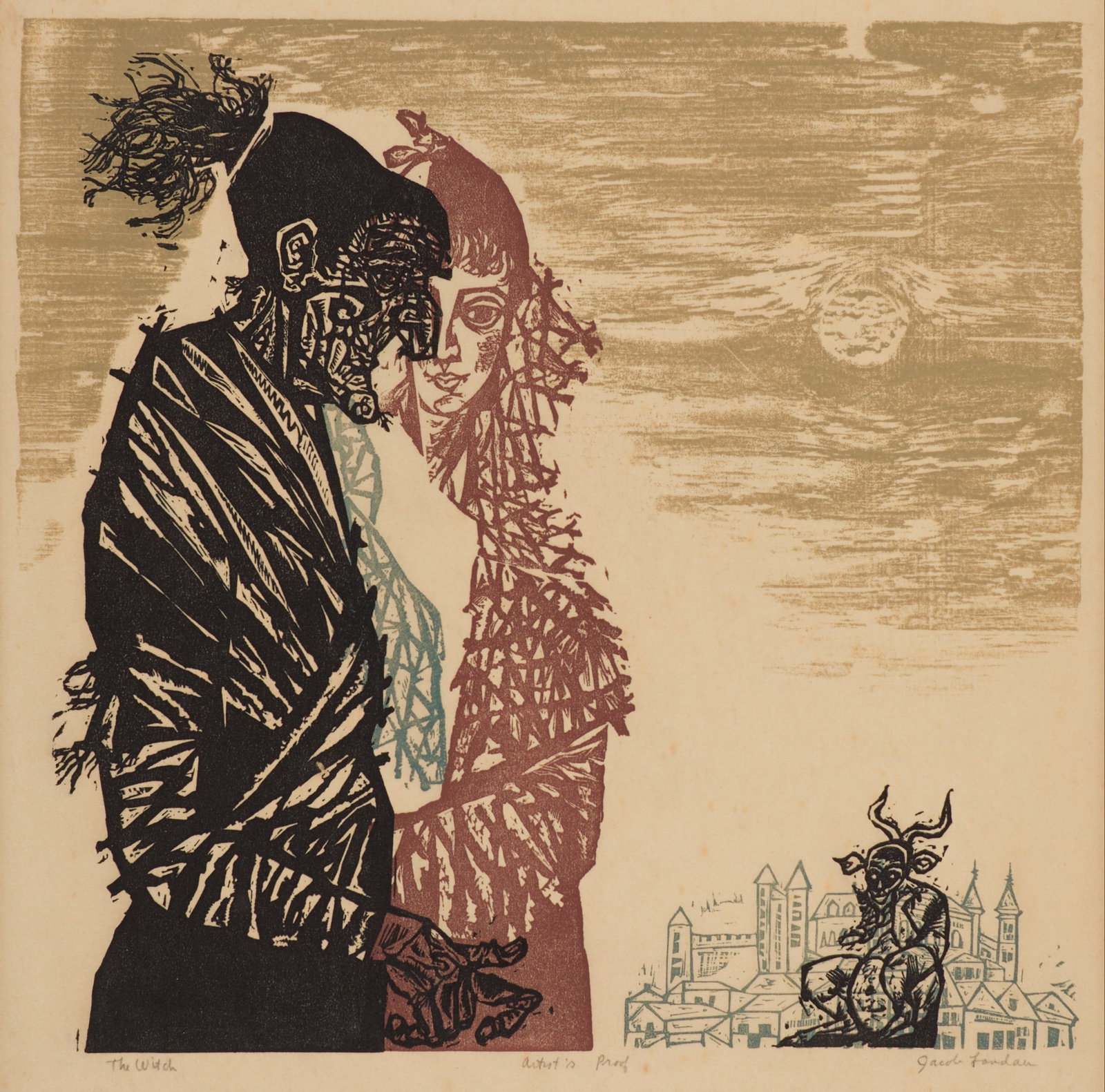 Jacob Landau (American, 1917-2001): "The Witch." 1954. Color woodcut on paper. Artist's proof. Titled on the lower left, editioned on the lower center, signed on the lower right. Tipped onto hinged matting. 13 x 13&qu