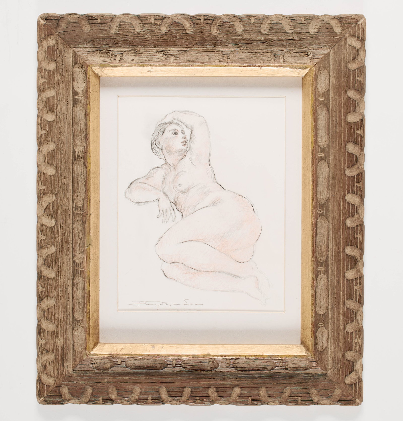 Percy Myron Lee (American. 1903-1999): A Percy Myron Lee figure drawing of a female nude. Charcoal and sanguine chalk on paper. Signed on the lower left. In a hand carved frame. 13 1/2 x 10 1/2" (sight); 24 1/2 x 20 1/2(overall)