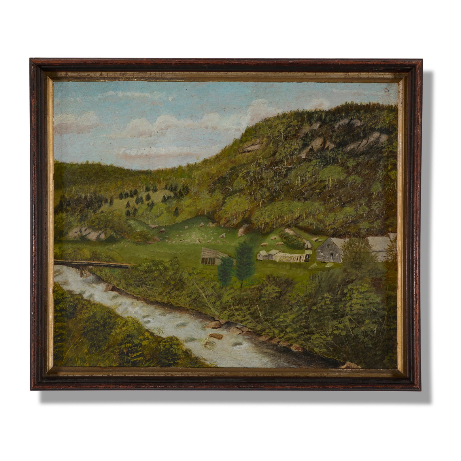 American School (Early 20th Century): A depiction of a New England landscape. Oil on artist board. Framed. 12 1/4 x 14 1/4" (sight); 14 x 16 1/2" (overall). 