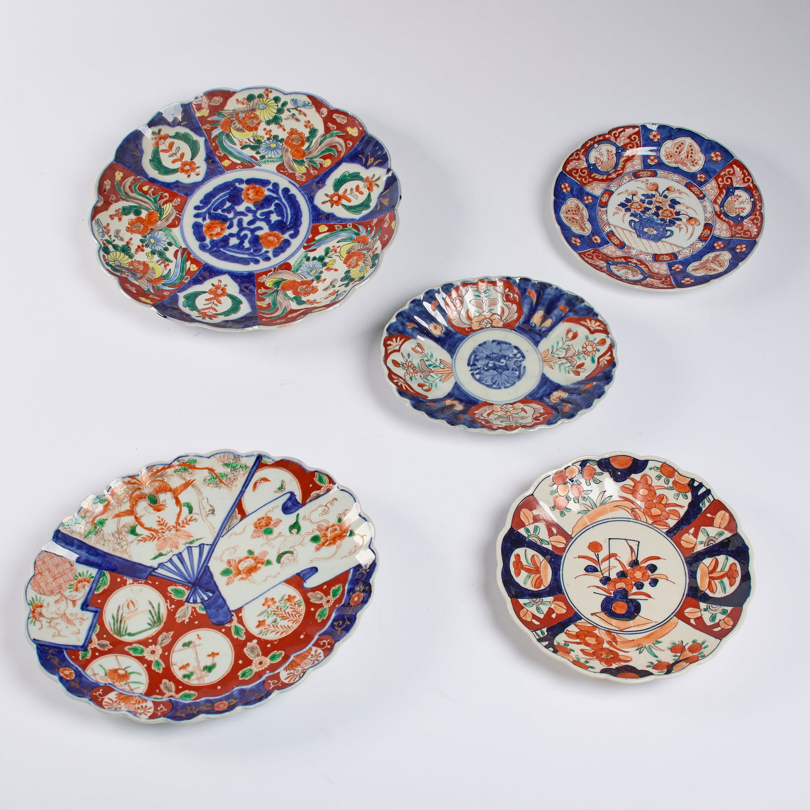Japanese Imari Ware (Antique): A collection of Japanese Imari ware. Including a charger and punch bowl. Ten (10) pieces total. 17 7/8 x 2 1/4" (charger); 12 1/4 x 5 1/4" (punch bowl). 
