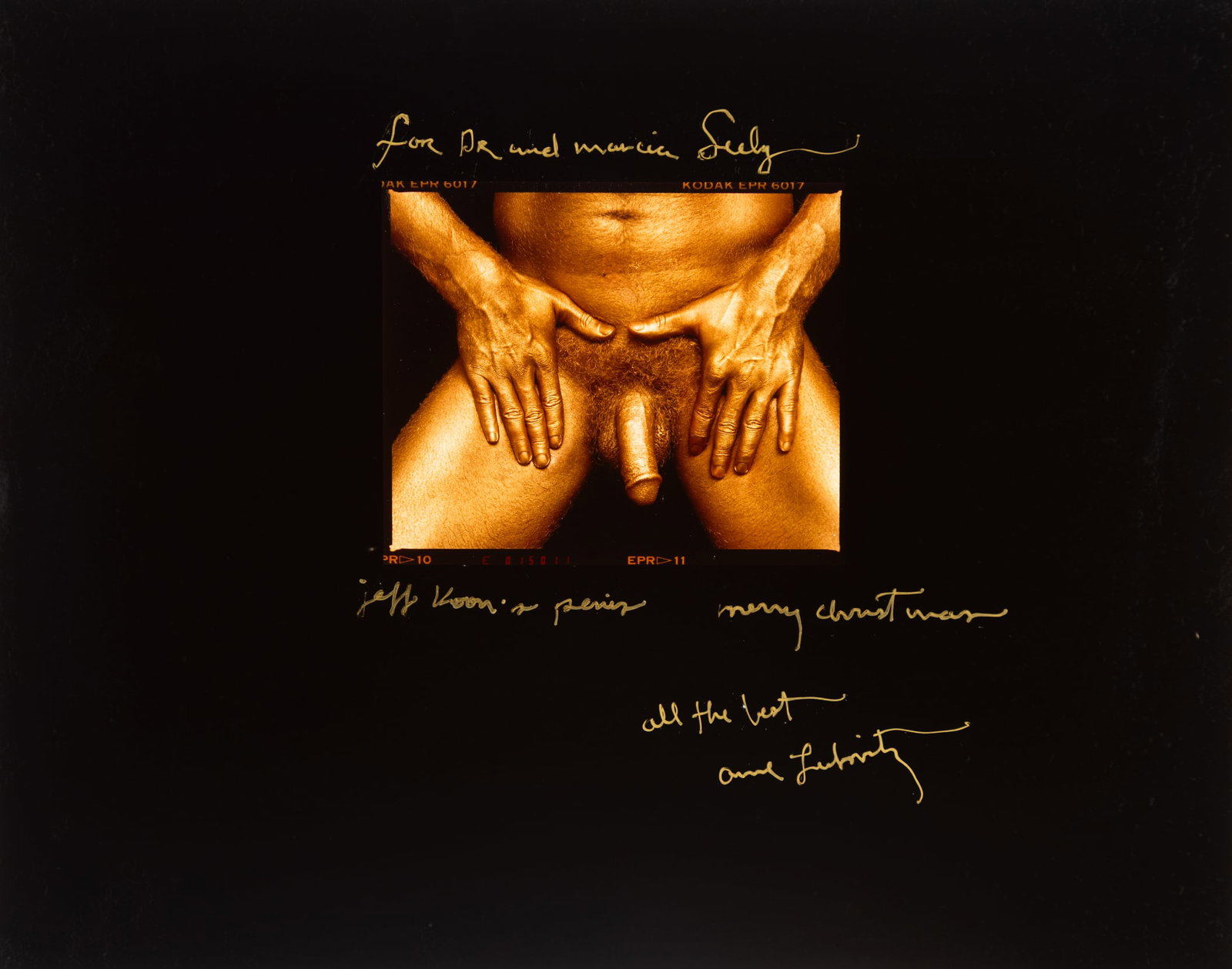 Annie Leibovitz (American, b. 1949); Jeff Koons (American, b.1955): Jeff Koons' Penis. Chromogenic print. Inscribed in gold ink on the upper margin; Titled, inscribed, and signed in gold ink on the lower margin, "Jeff Koons' penis, Merry Christmas; All