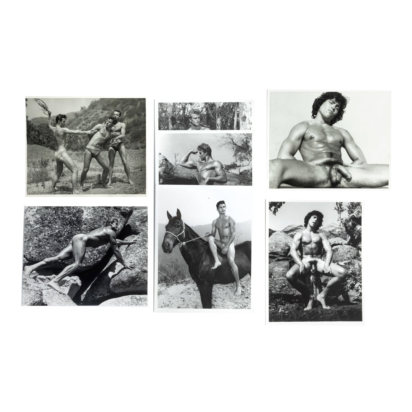 Robert Mizer (Athletic Model Guild) (American, 1922-1992): Grouping of Seven (7) Physique Photographs by Bob Mizer featuring outdoor scenes. Gelatin silver print. Five of the photographs feature pencil annotations by Mizer on the verso. 10 1/8 x 8 in. (2