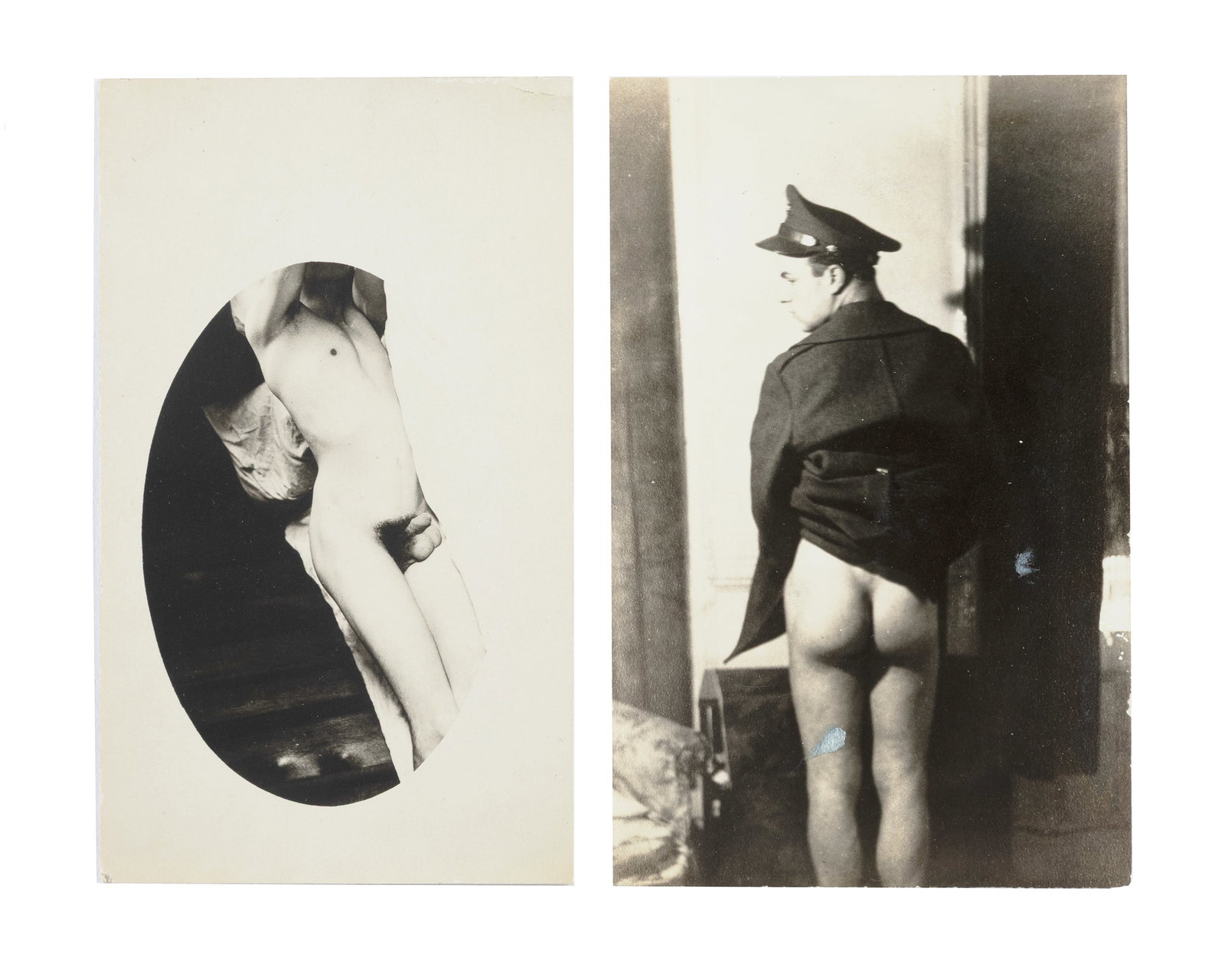 Male Nude Photo Postcards (1930s-1940s): Two (2) Male Nude Photo Postcards, 1930s-1940s. RPPC (Real Photo Postcards), gelatin silver print process. i. Untitled (Male Odalisque). Erotic male nude in the style of an odalisque.