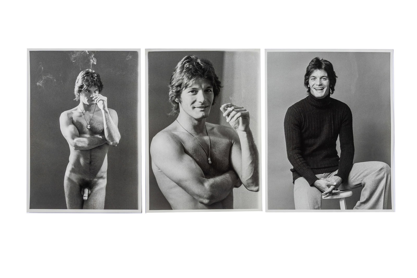 Kenn Duncan (American, 1928-1986): A Series of Three (3) Large Portrait Photographs of Jean LeClerc, 1975. Gelatin silver print. Photographer's stamp featured on the verso of each; the model's name is 