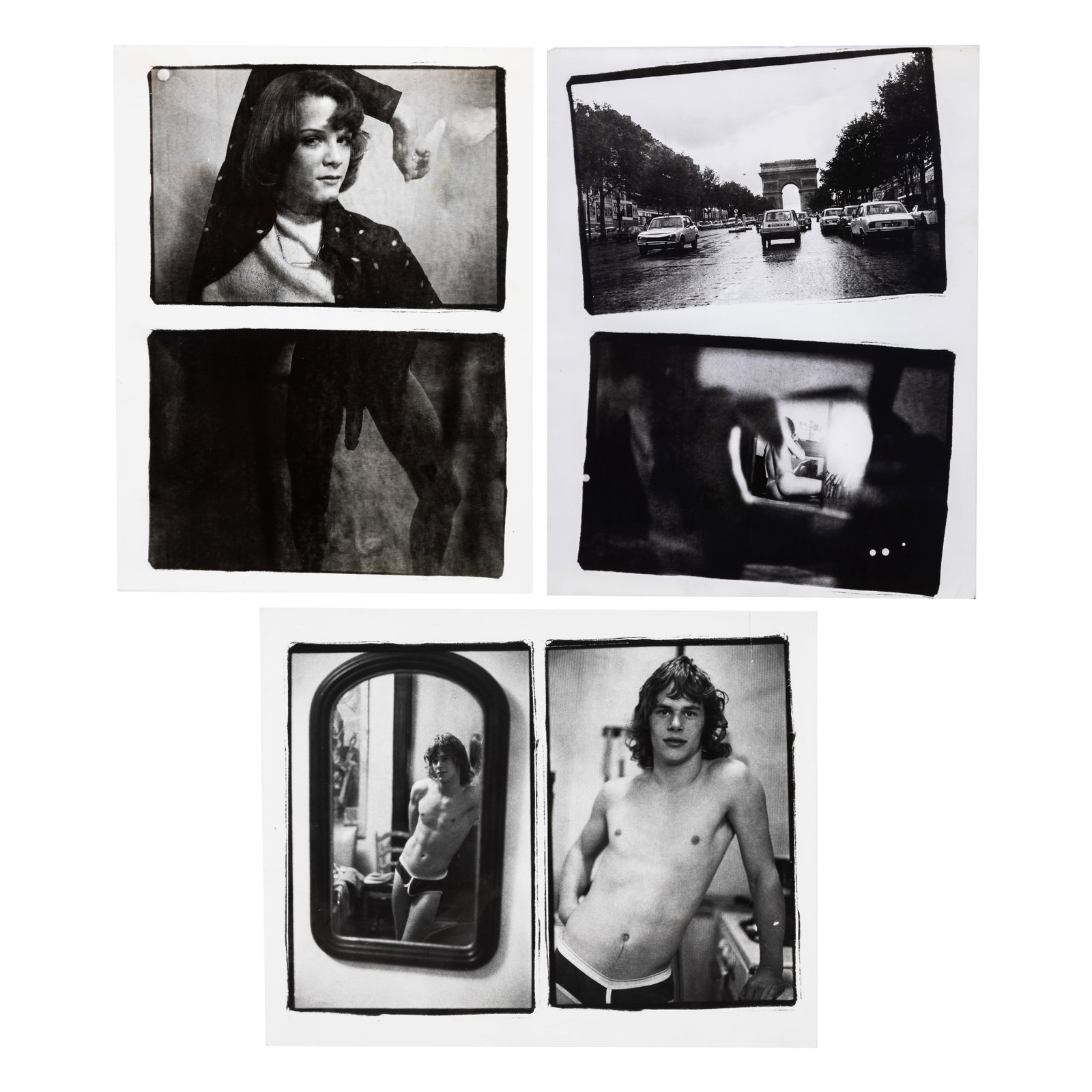 Christopher Makos (American, b. 1948): Three (3) Diptych Photographs by Christopher Makos, 1974. Gelatin silver print. Each stamped on the verso, "Jan 24 1974 ORTHWINE"; Each with photo sheet trim notations on the verso. Three (3) diptych 
