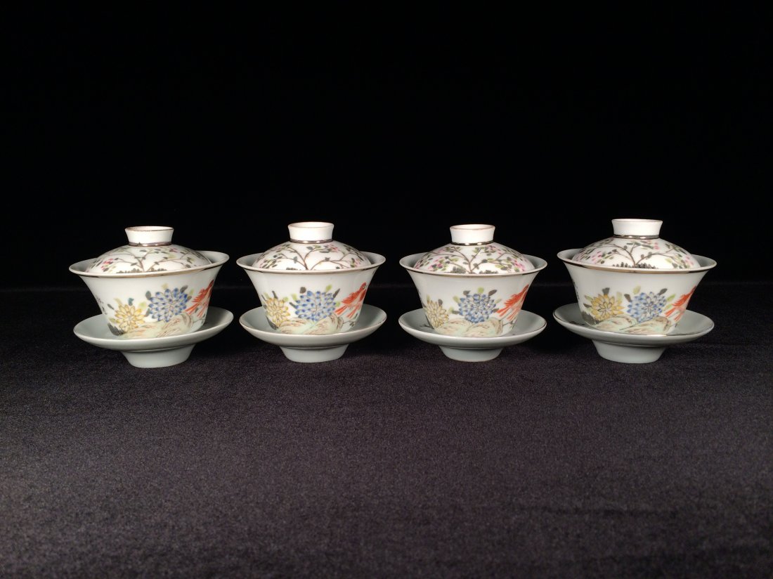 Set of 4 pcs, Chinese porcelain cover tea cups: Set of 4 pcs, Chinese porcelain cover tea cups, Measure: 3 1/4" Height, 3 1/2" Diameter