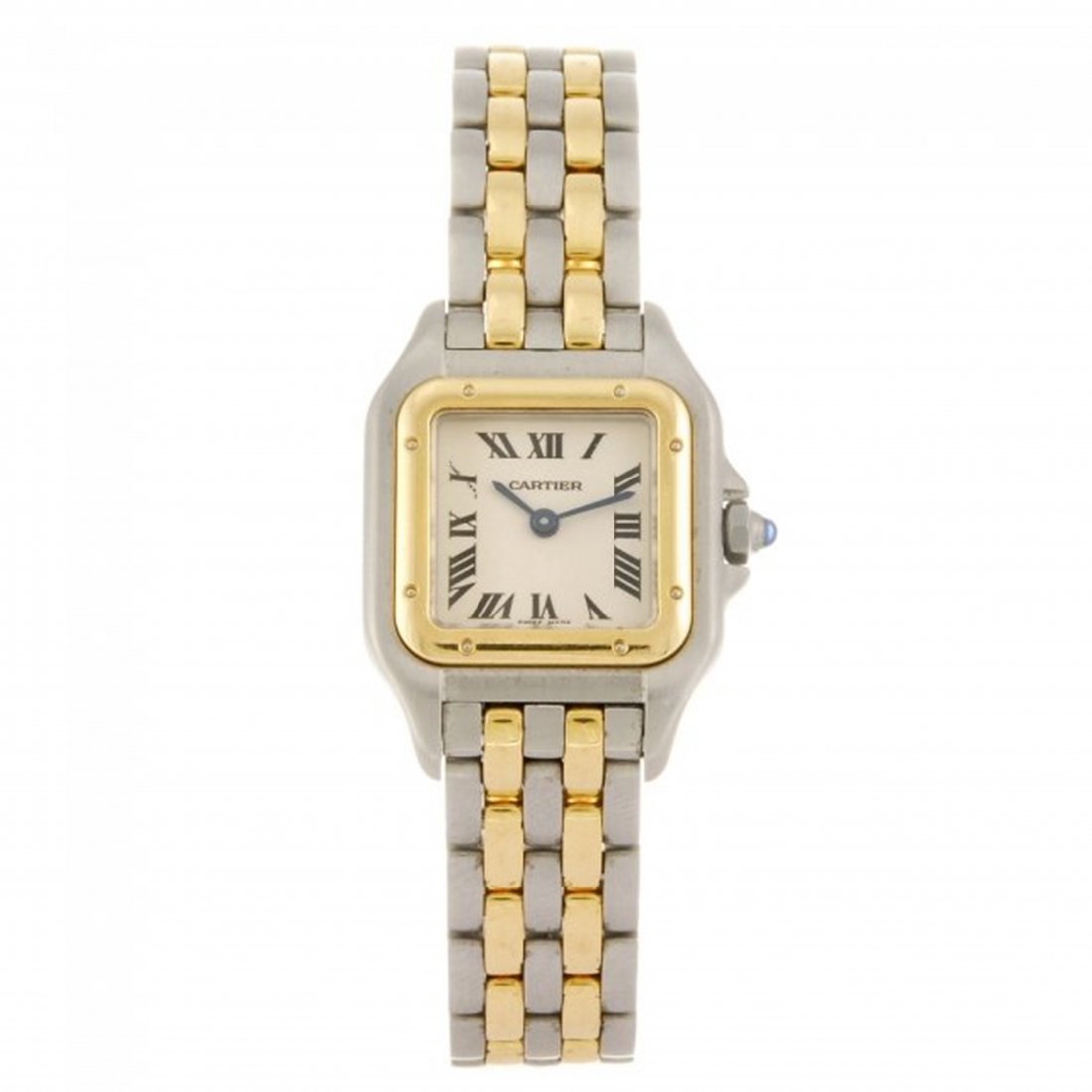 CARTIER bracelet watch.: CARTIER bracelet watch. Numbered 632080UF 1120. Signed quartz movement. Silvered dial. Yellow metal bezel, stainless steel case fitted to a bi-metal bracelet with double folding clasp. 22mm