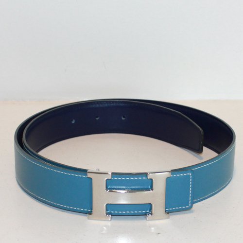 Hermes Light Blue Leather Constance Ladies Belt: Hermes Light Blue Leather Constance Ladies Belt. Silver tone \"H\" Hermes logo buckle. Length: 37 1/4 Inch