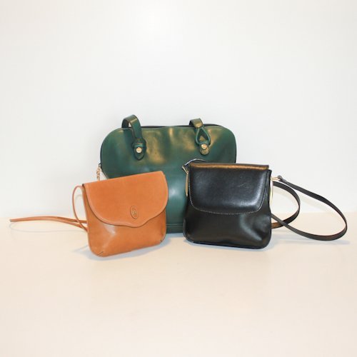 Lot of 3 Vintage Designer Leather Purses: Lot of 3 Vintage Designer Leather Purses . Consisting of Salvatore Ferragamo green leather, Etienne Aigner black leather, and Etienne Aigner brown leather