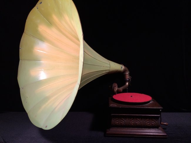 Antique wooden carved box large metal lotus horn phonog (1 of 7)