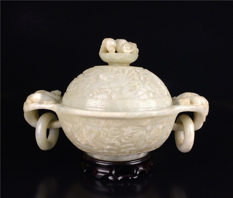 Chinese Qing Dynasty white jade carved censer. (1 of 10)