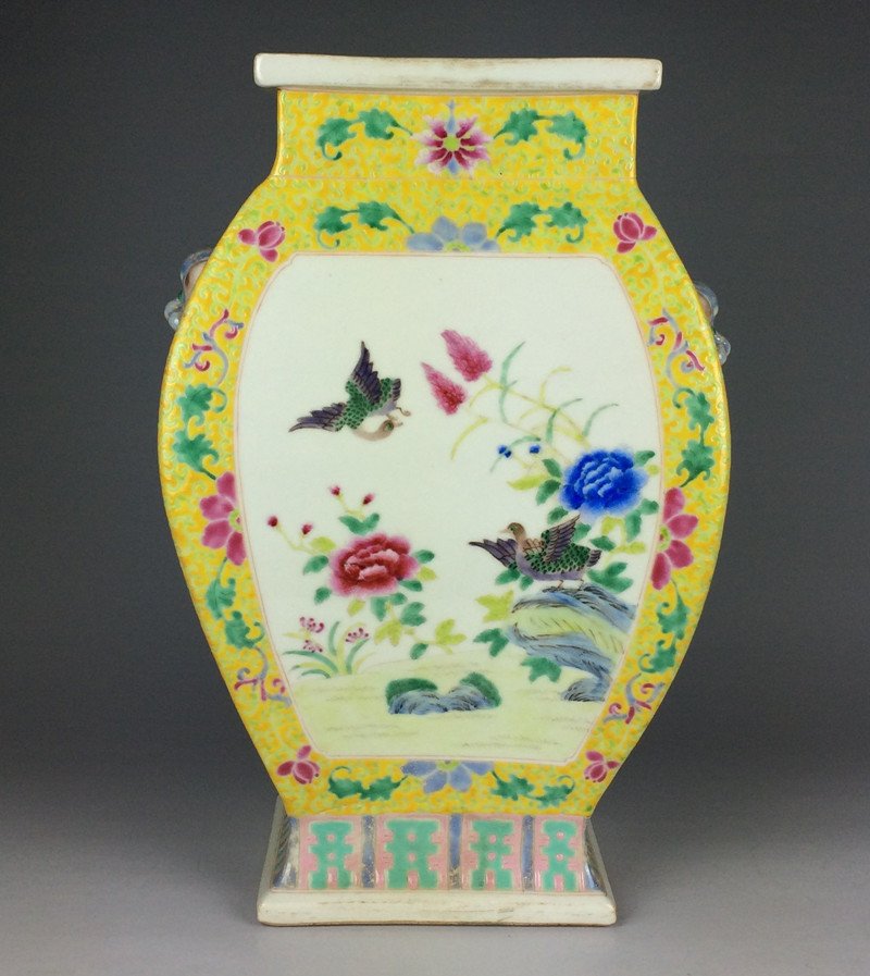 Chinese famille rose flower bird porcelain square vase (1 of 7)