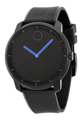 Movado Bold Men's Watch: Movado Bold Men's Watch Black sandblasted ion plated stainless steel case - 44mm case dimension - Matte black with blue hands, markers and blue rimmed dot dial - Black silicone strap - Swiss Battery P