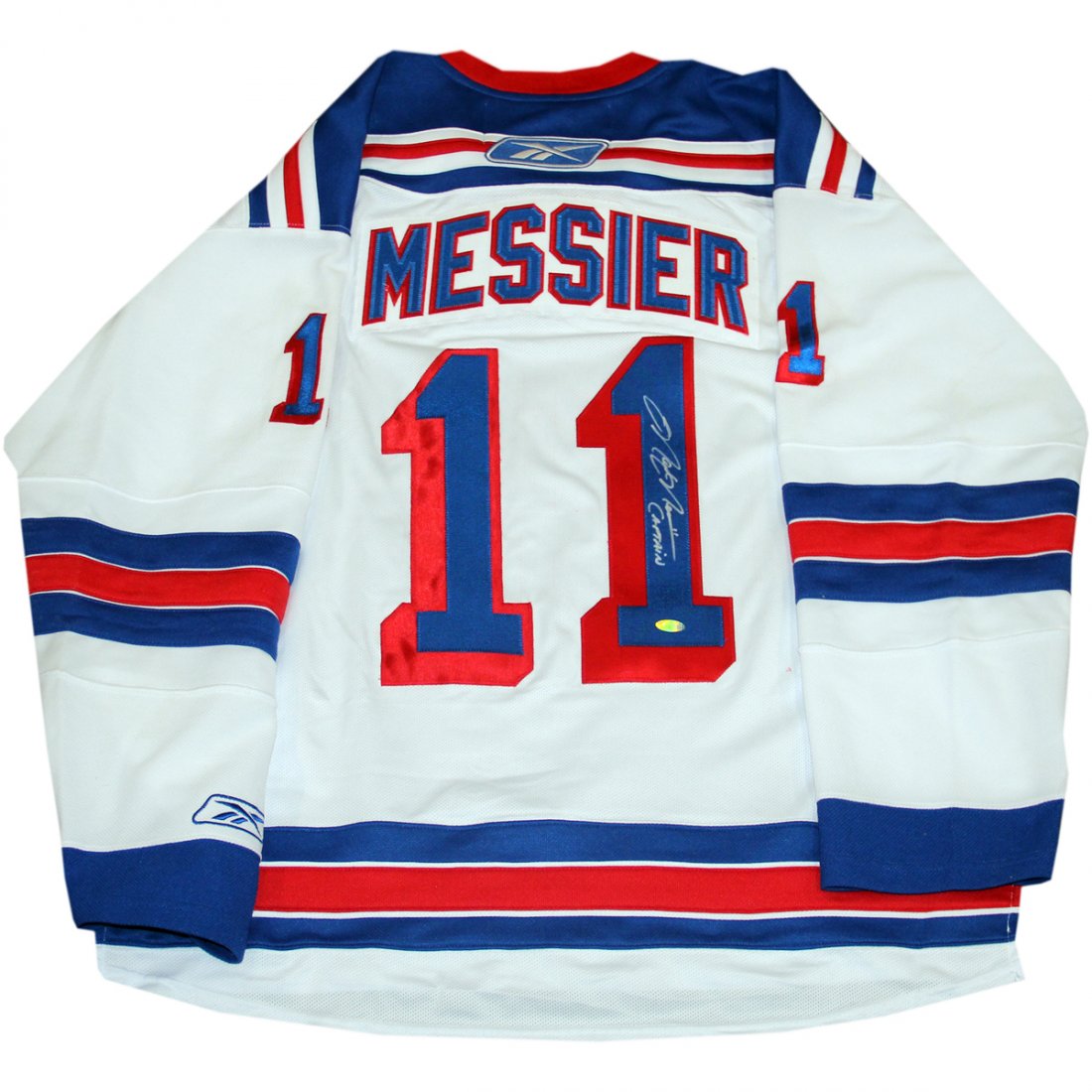 Mark Messier Signed New York Ranger Reebok White Jersey: Mark Messier Signed New York Ranger Reebok White Jersey w/ 94 Cup Patch w/ "Captain" Insc.