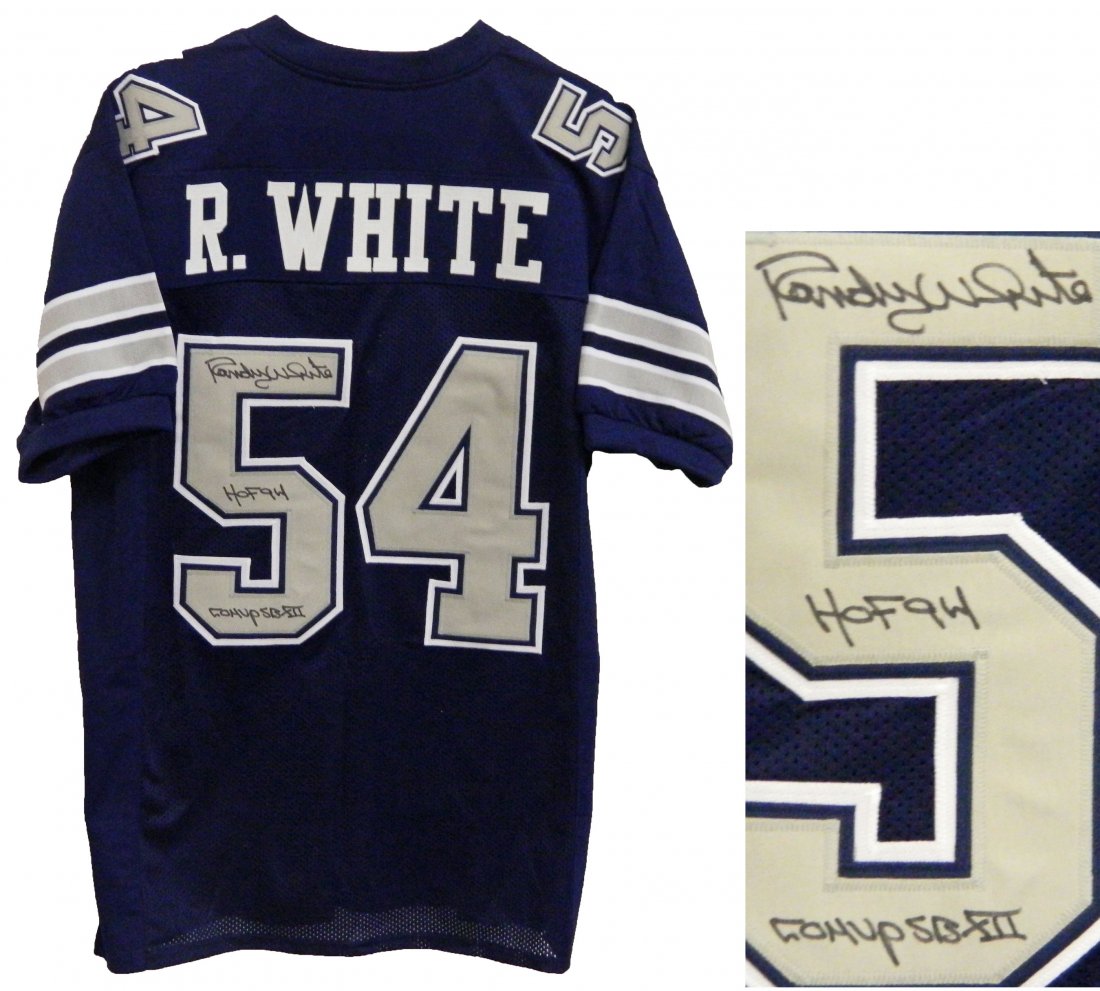 Randy White signed navy custom football jersey with 'HO: randy white signed navy custom football jersey with 'hof 94, co-mvp sb xii' inscriptions. item comes with a tamper-proof numbered hologram and certificate of authenticity which can be verified online.