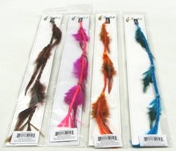 Medium Feather Hair Extension Assorted: Feather hair extensions on an acrylic braid in 4 assorted colors sold individually. Small metal haircomb to attach with. Measures 15"L.