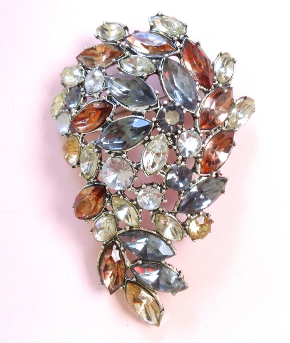Massive Vintage Rhinestone Brooch...;Absolutely captiva: massive vintage rhinestone brooch...;absolutely captivating...this amazing multi color beauty is an important piece that will wow all eyes!;shades of lemon, grey, amber and clear rhinestones in a mult