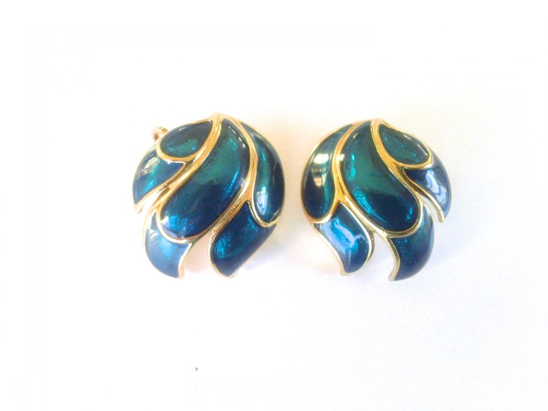 Vintage Trifari Teal Enamel Earrings...;Sultry and eye : vintage trifari teal enamel earrings...;sultry and eye catching, these gorgeous designer earrings bear the name of trifari...and for;that alone they are collectible....but these have the most exquisit