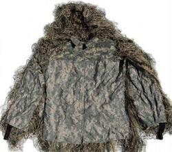 Synthetic Ultra-Light Sniper Ghillie ATD BDU Mossy Jack: We use Industrial sewing machines to sew a knotted 1" x 1" nylon netting directly to a Military BDU 4 pocket coat. These are made by "ATLANCO". Our Synthetic thread is directly hand tied to this netti