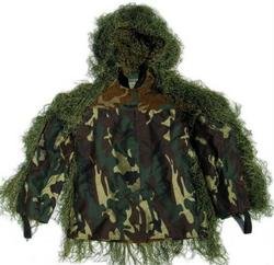 Synthetic Ultra-Light Sniper Ghillie Leafy Green BDU Ja: We use Industrial sewing machines to sew a knotted 1" x 1" nylon netting directly to a Military BDU 4 pocket coat. These are made by "ATLANCO". Our Synthetic thread is directly hand tied to this netti
