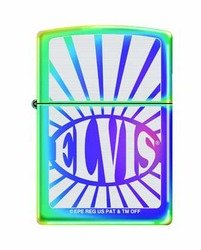 Limited Elvis in Starburst Zippo - Mars: Limited Edition Elvis Zippo Lighter designed by Peter Mars. Spectrum finish with a design of Elvis name in a starburst.