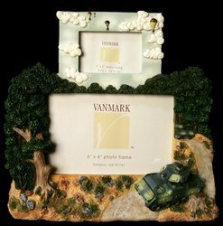 Army Picture Frame: "American Heroes" Army 3-D Picture Frame - large stone resin licensed VANMARK piece comes in nice gift box, measures overall 8 3/4" x 9 1/4". Has two frames, top one holds a 3" x 2" photo, bottom fram